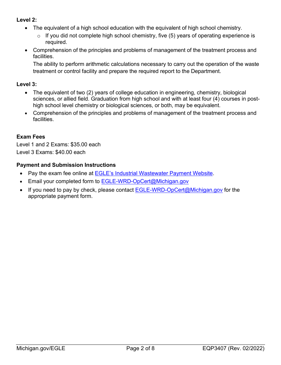 Form EQP3407 Application for Industrial / Commercial Wastewater Treatment Plant Operator Certification - Michigan, Page 2