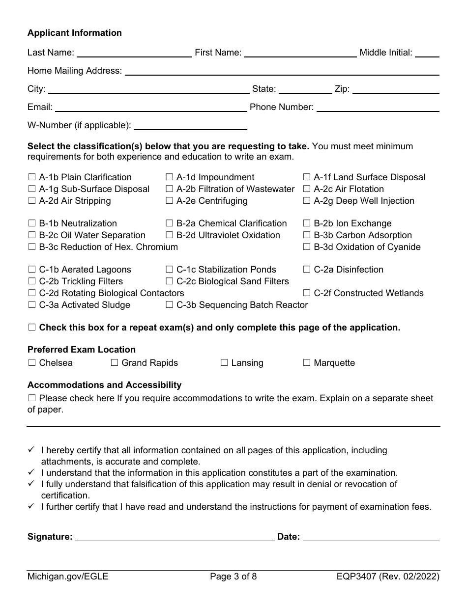 Form EQP3407 Application for Industrial / Commercial Wastewater Treatment Plant Operator Certification - Michigan, Page 3