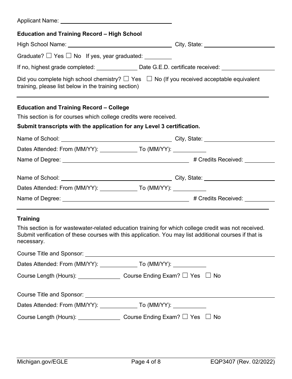 Form EQP3407 Application for Industrial / Commercial Wastewater Treatment Plant Operator Certification - Michigan, Page 4