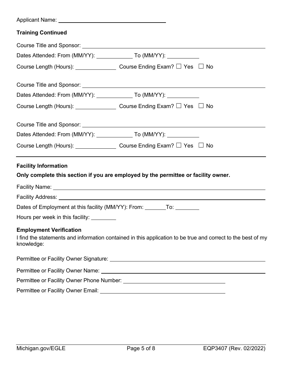 Form EQP3407 Application for Industrial / Commercial Wastewater Treatment Plant Operator Certification - Michigan, Page 5
