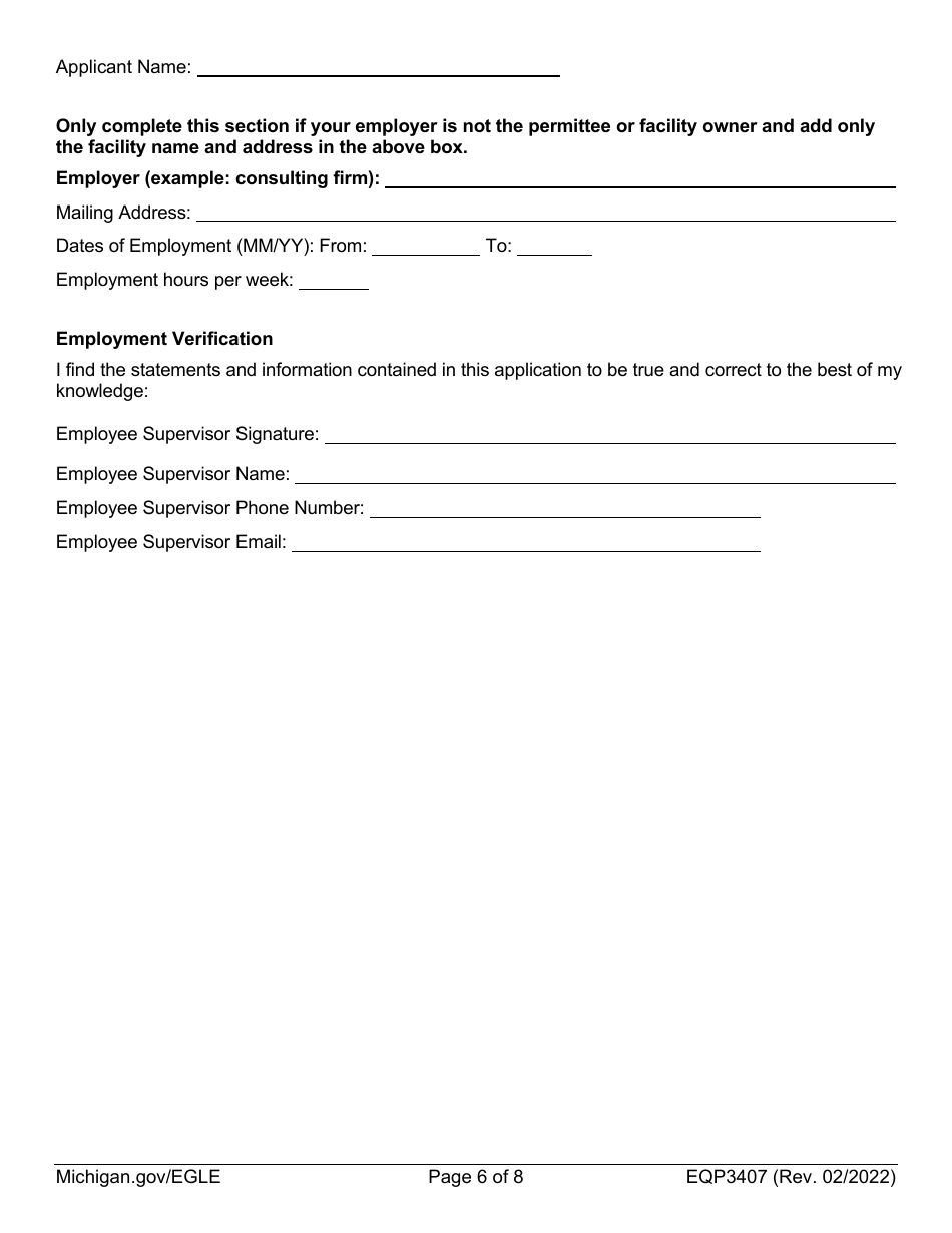 Form EQP3407 Application for Industrial / Commercial Wastewater Treatment Plant Operator Certification - Michigan, Page 6