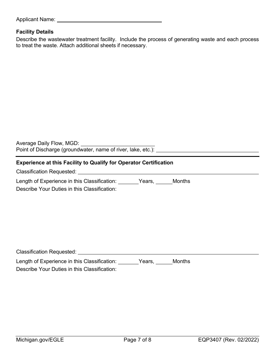Form EQP3407 Application for Industrial / Commercial Wastewater Treatment Plant Operator Certification - Michigan, Page 7