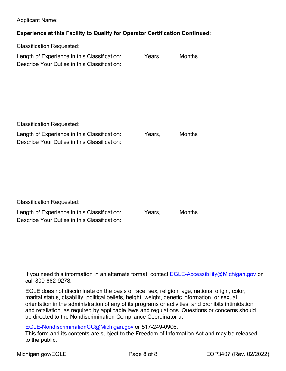 Form EQP3407 Application for Industrial / Commercial Wastewater Treatment Plant Operator Certification - Michigan, Page 8