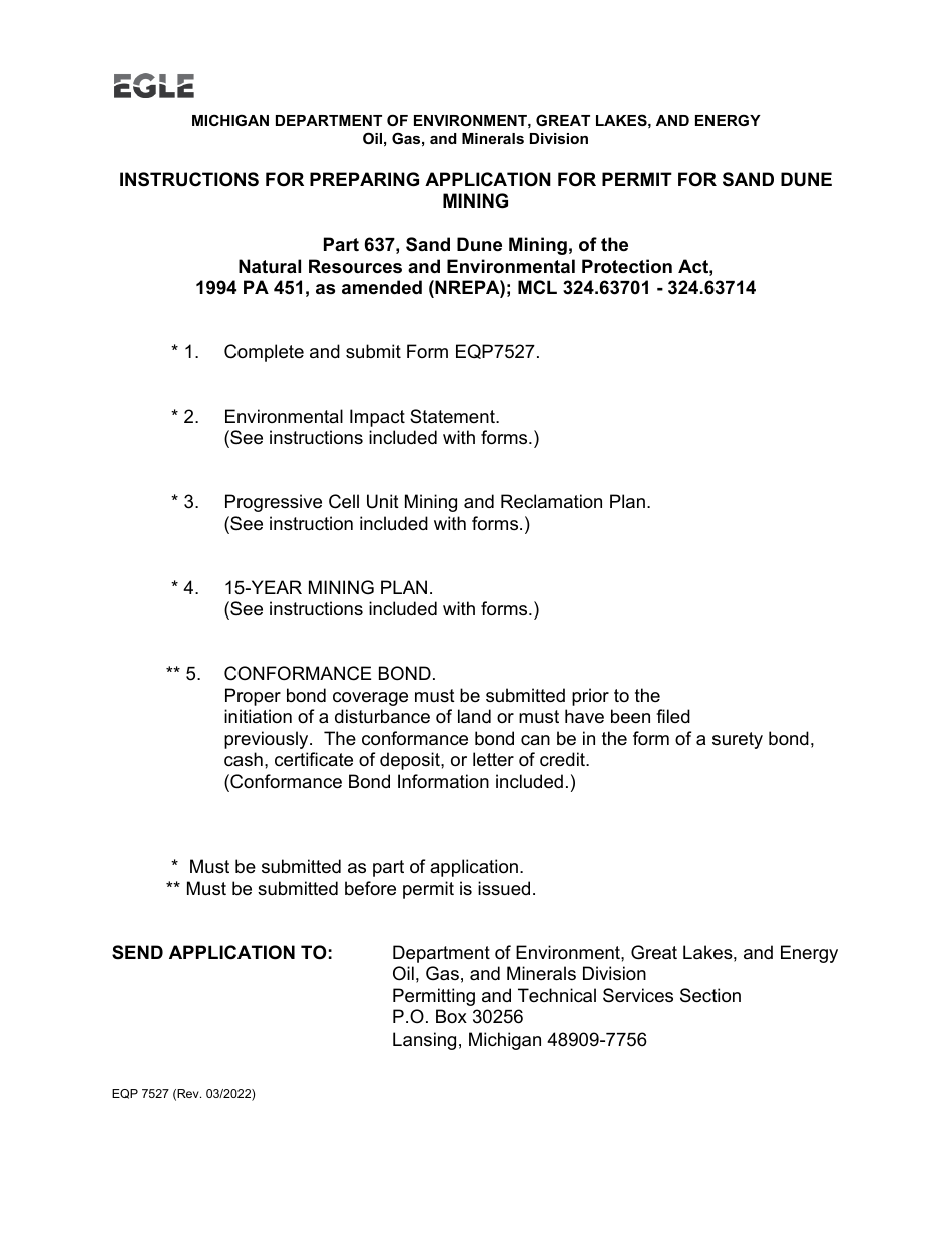 Form EQP7527 Application for Permit to Engage in Sand Dune Mining Within Great Lakes Sand Dune Areas - Michigan, Page 1