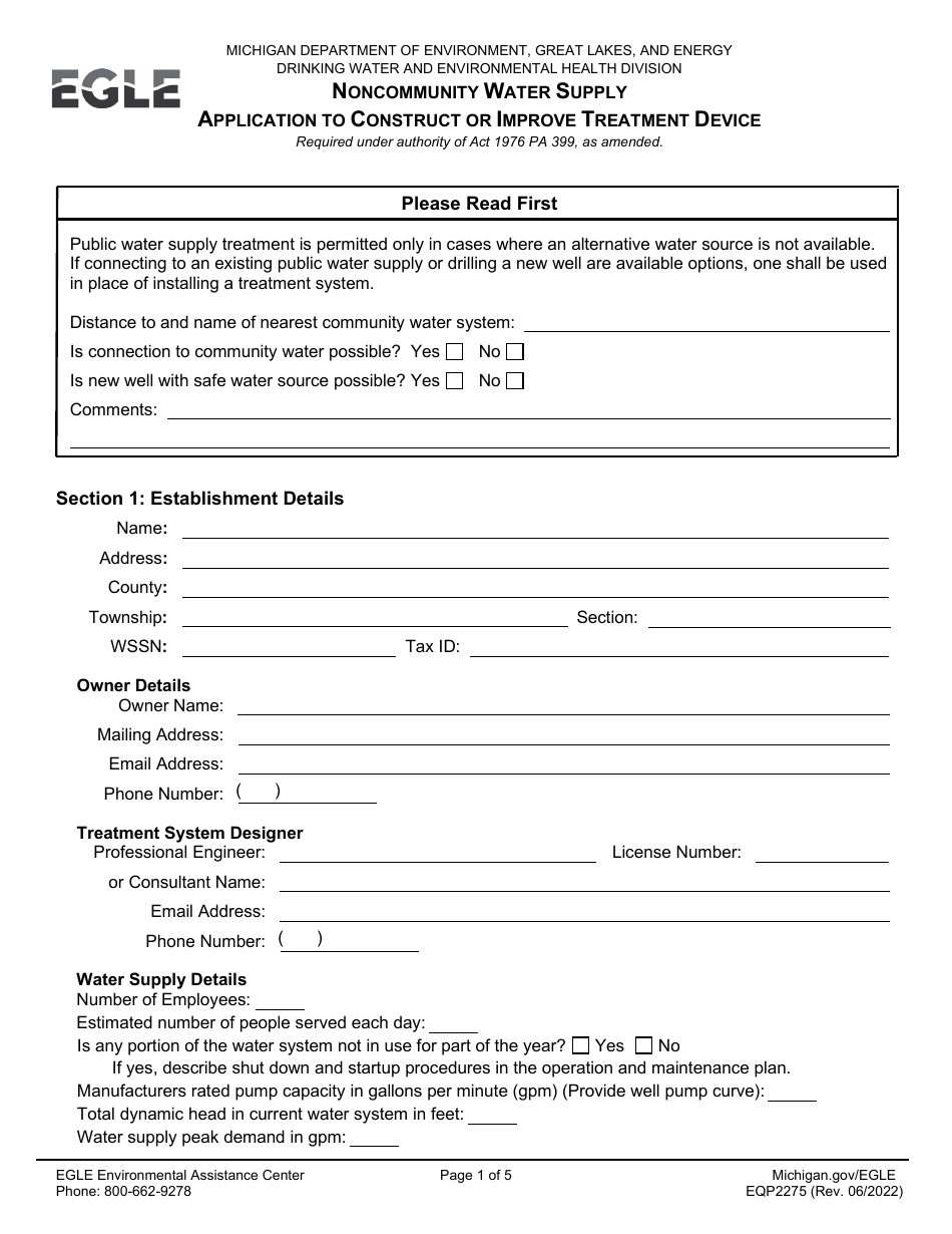 Form EQP2275 Fill Out Sign Online And Download Fillable PDF   Form Eqp2275 Application To Construct Or Improve Treatment Device Michigan Print Big 