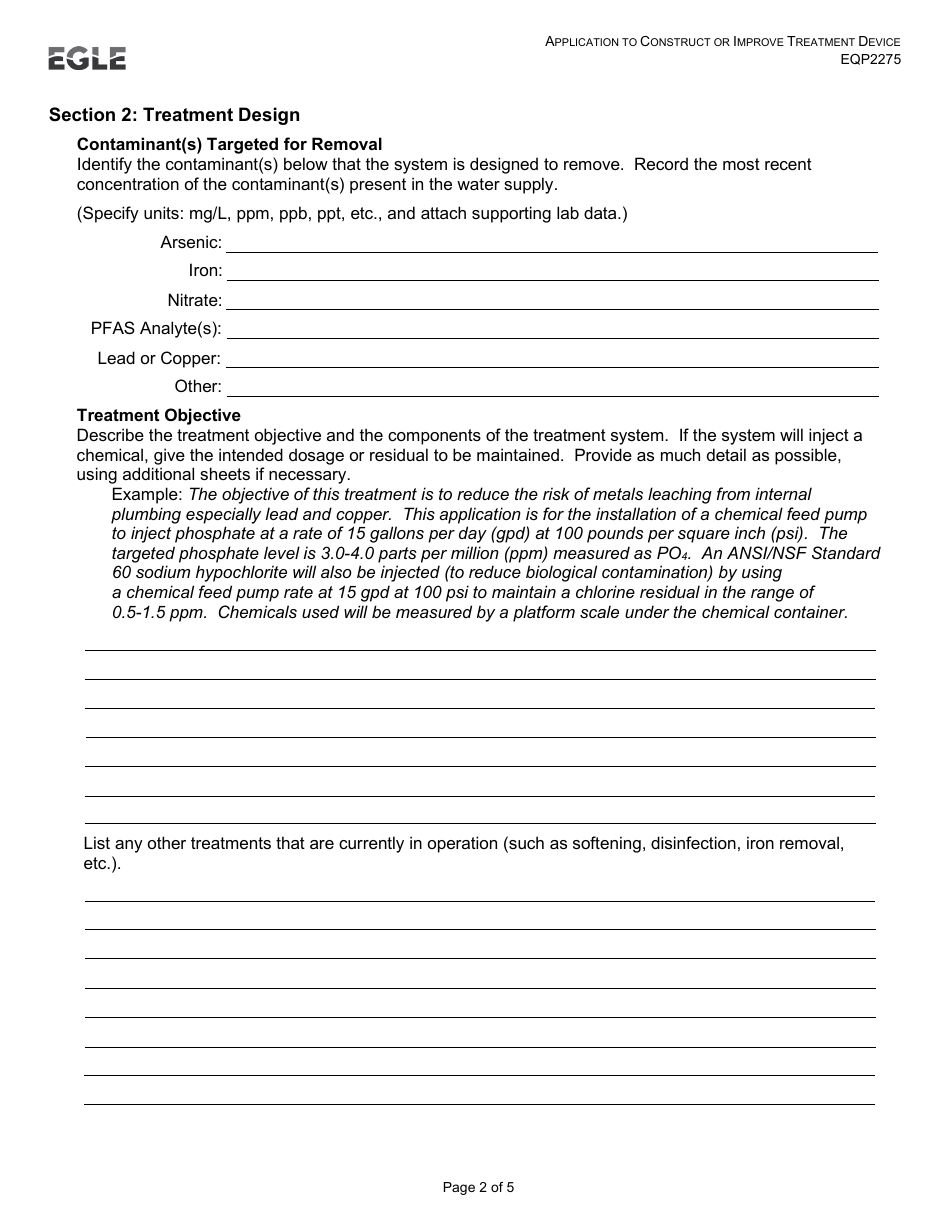 Form EQP2275 Application to Construct or Improve Treatment Device - Michigan, Page 2