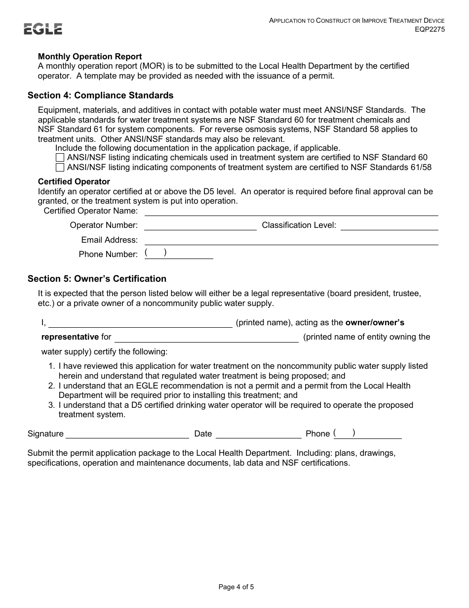 Form EQP2275 Application to Construct or Improve Treatment Device - Michigan, Page 4