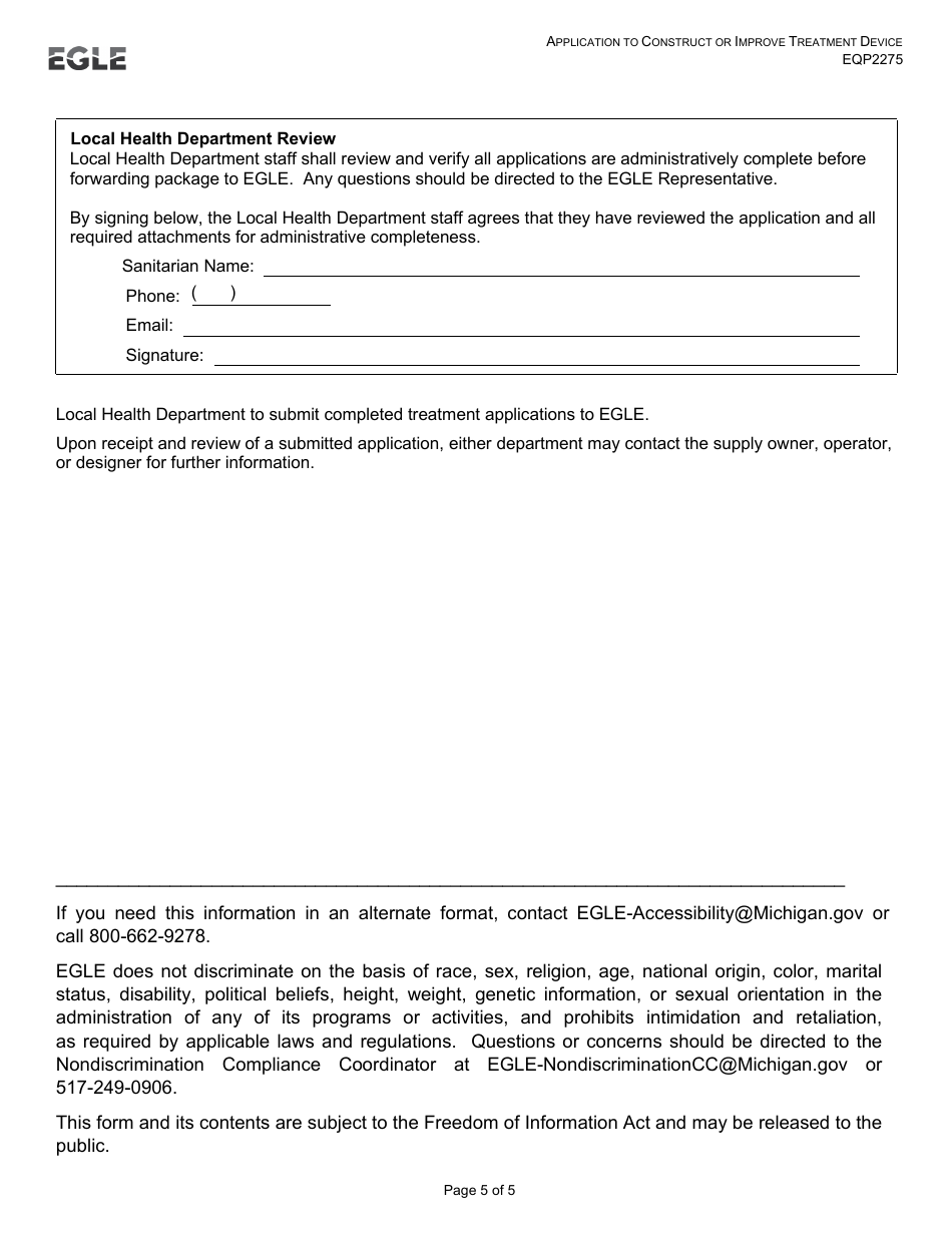 Form EQP2275 Application to Construct or Improve Treatment Device - Michigan, Page 5