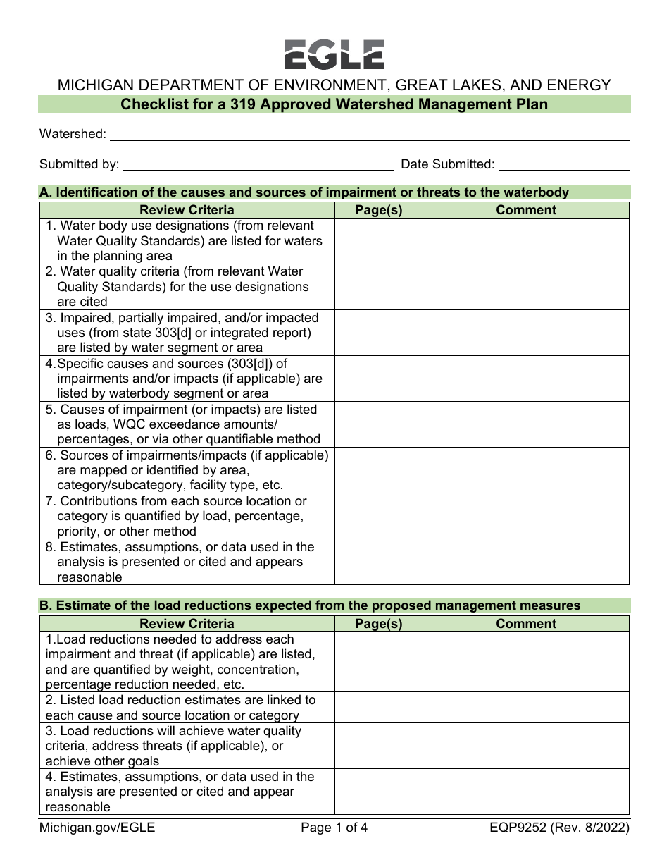 Form EQP9252 Checklist for a 319 Approved Watershed Management Plan - Michigan, Page 1