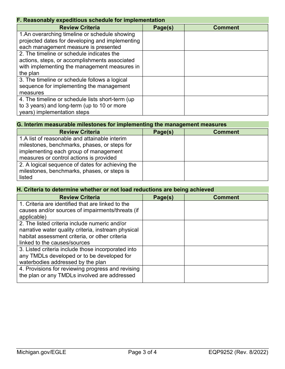 Form EQP9252 Checklist for a 319 Approved Watershed Management Plan - Michigan, Page 3