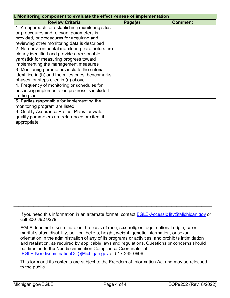 Form EQP9252 Checklist for a 319 Approved Watershed Management Plan - Michigan, Page 4