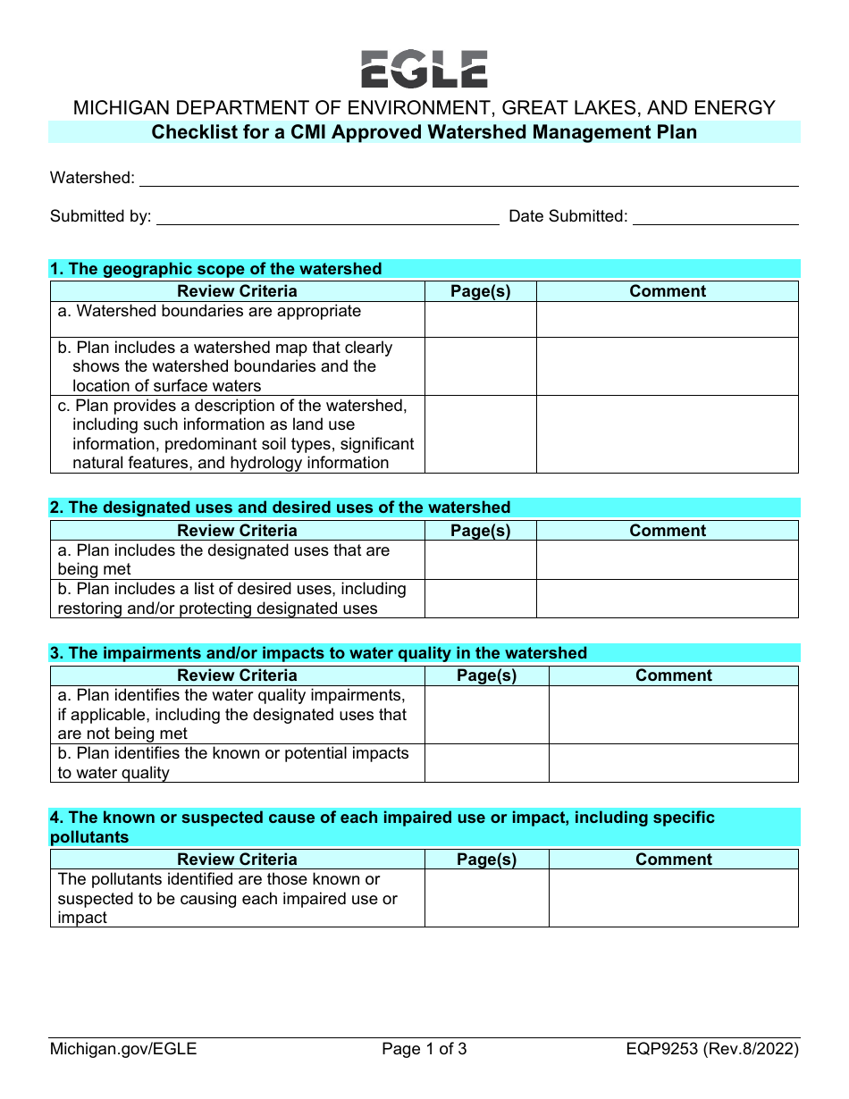 Form EQP9253 Checklist for a Cmi Approved Watershed Management Plan - Michigan, Page 1