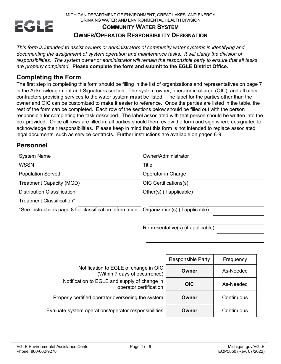 Form EQP5850 Owner / Operator Responsibility Designation - Michigan, Page 1
