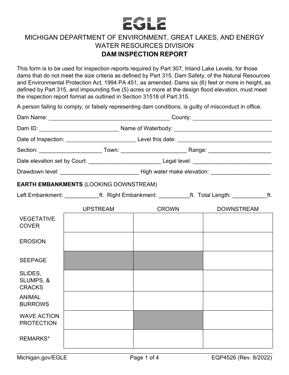 Form EQP4526 Dam Inspection Report - Michigan, Page 1