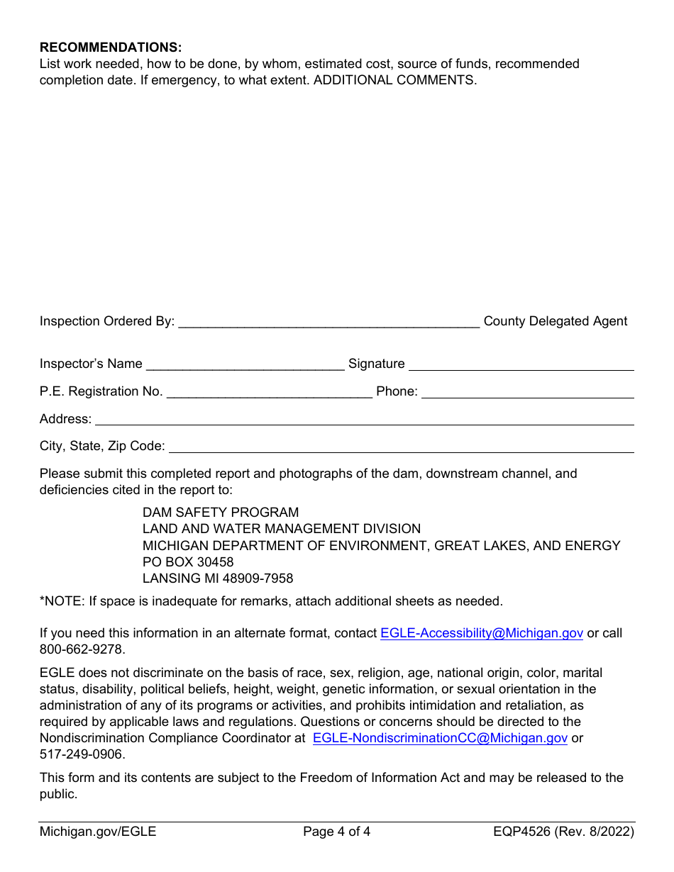Form EQP4526 Dam Inspection Report - Michigan, Page 4