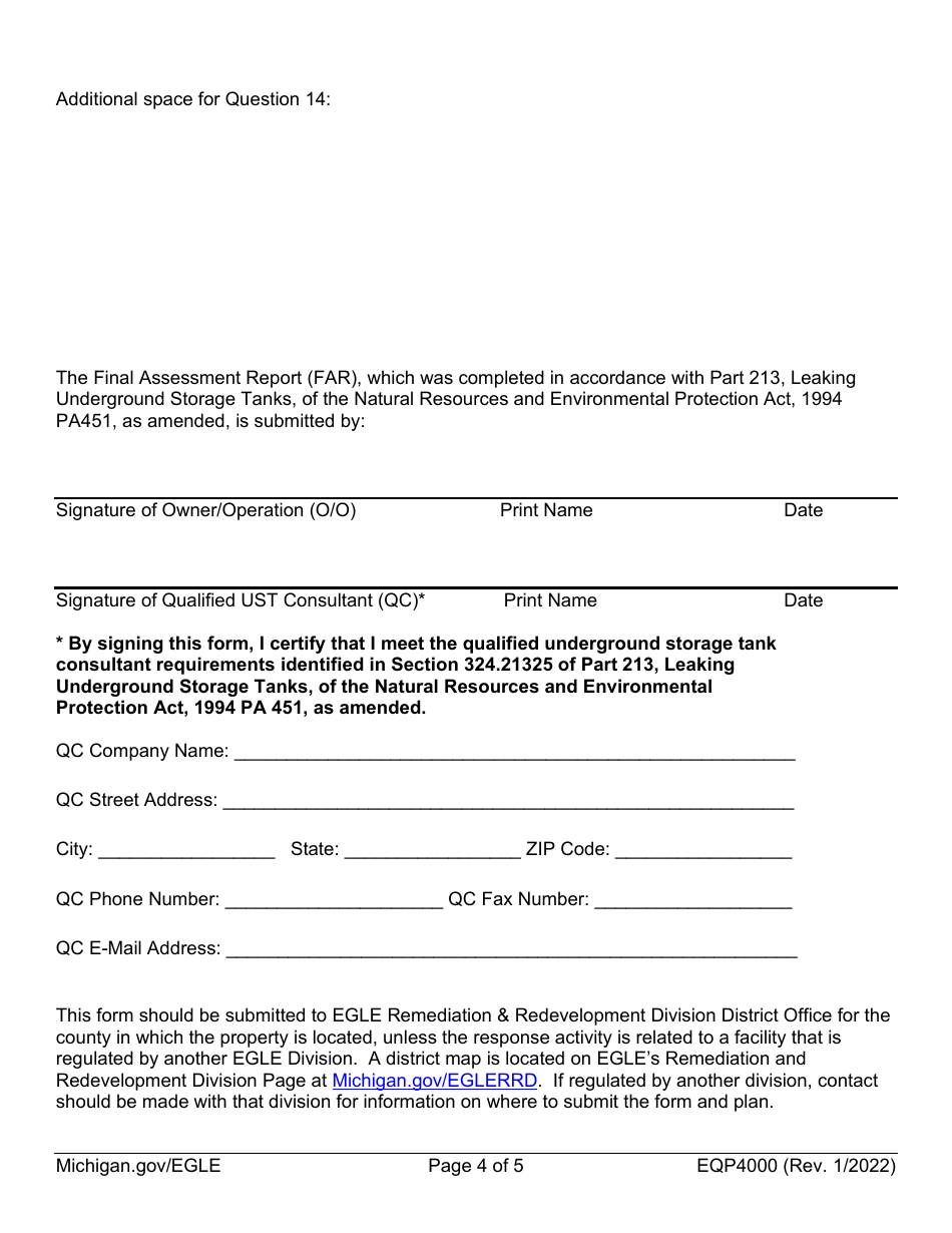 Form EQP4000 Leaking Underground Storage Tank Final Assessment Report Cover Sheet - Michigan, Page 4