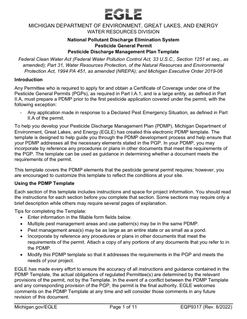 Form EQP9317 Pesticide General Permit - Michigan