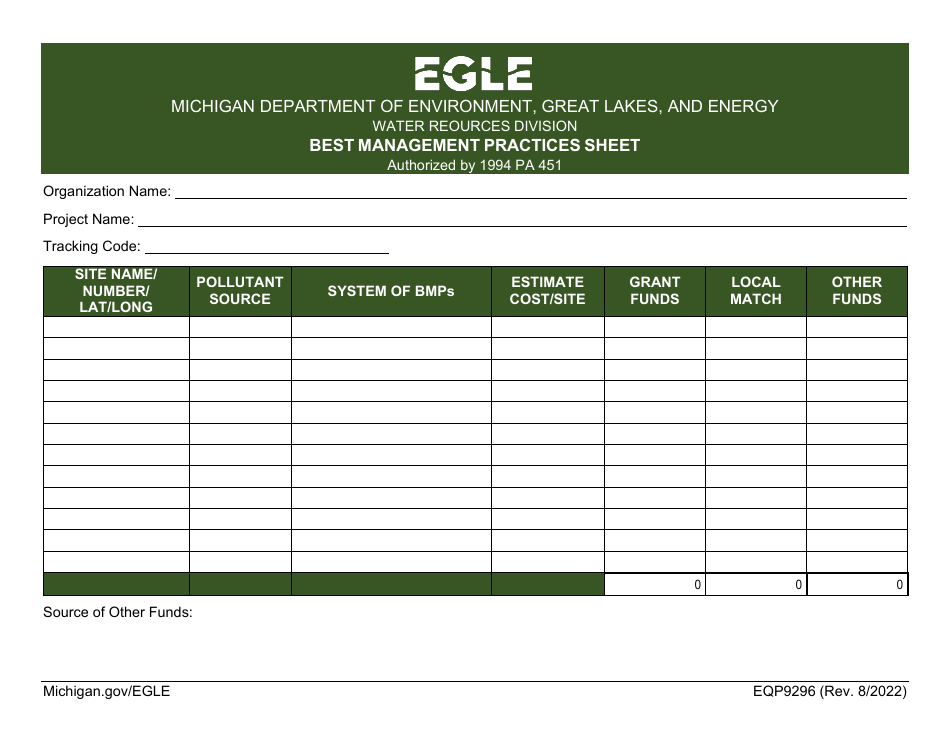 Form EQP9296 Best Management Practices Sheet - Michigan, Page 1