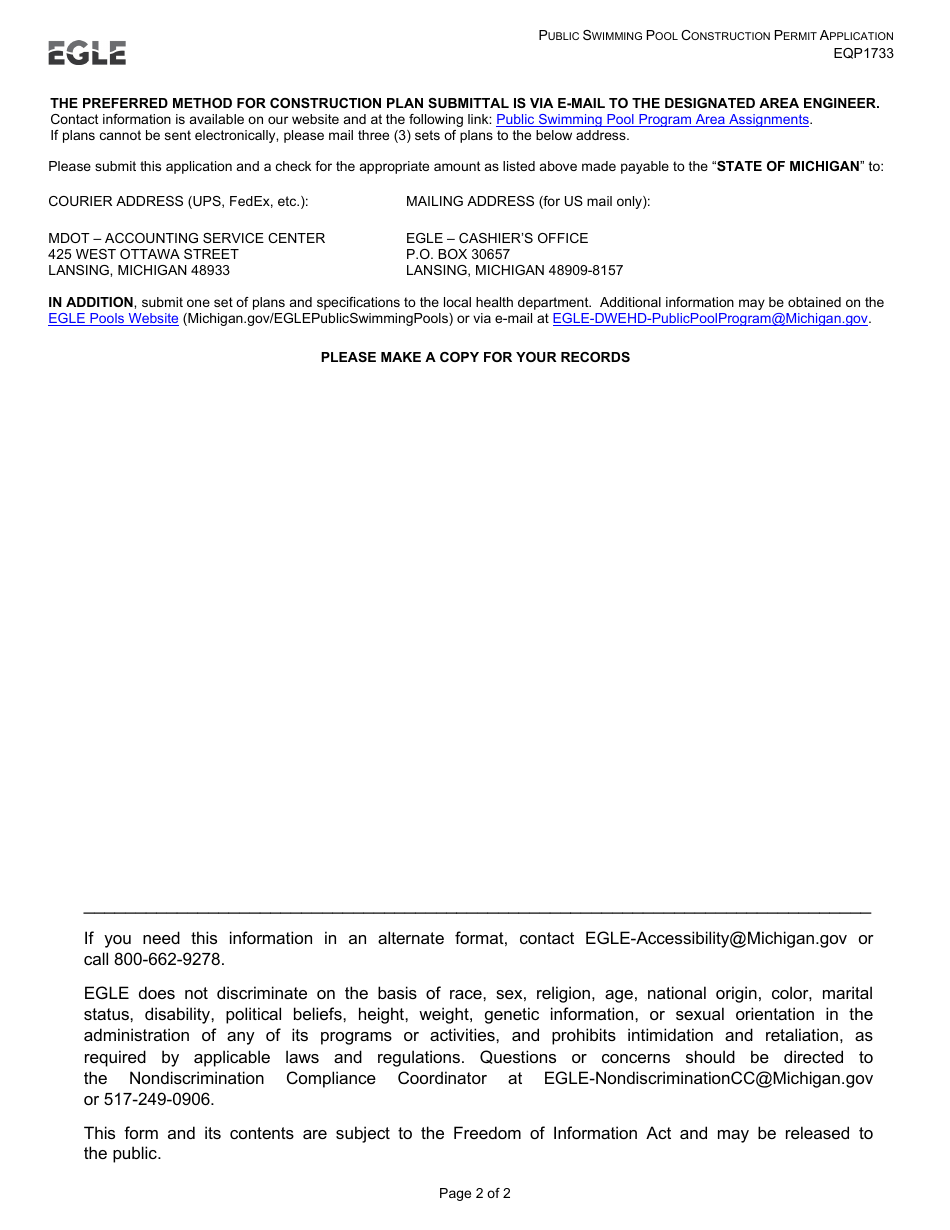 Form EQP1733 Public Swimming Pool Construction Permit Application - Michigan, Page 2