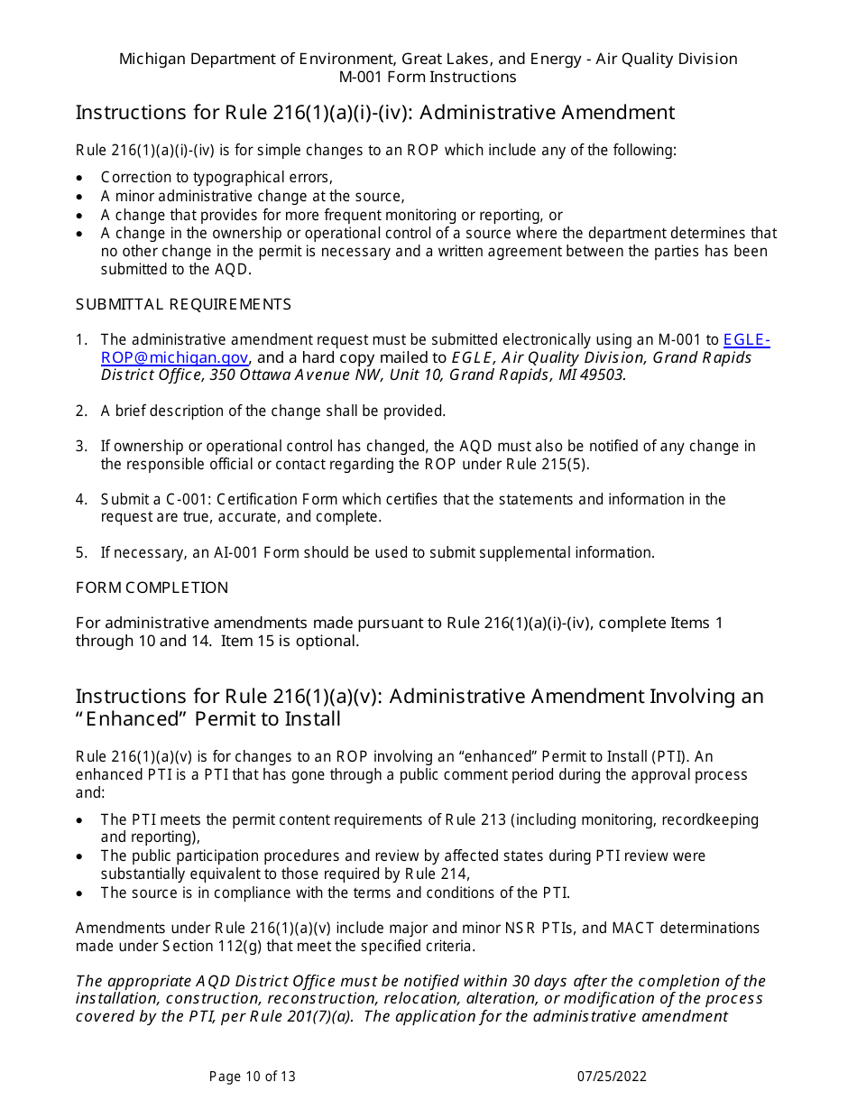 Instructions for Form M-001, EQP5775 Renewable Operating Permit - Rule 215 Change Notification Rule 216 / Amendment / Modification Application - Michigan, Page 10