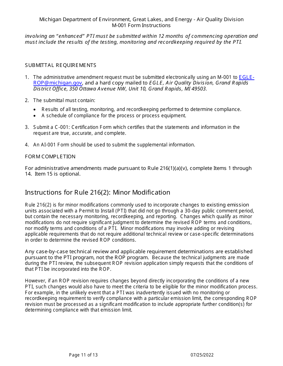 Instructions for Form M-001, EQP5775 Renewable Operating Permit - Rule 215 Change Notification Rule 216 / Amendment / Modification Application - Michigan, Page 11