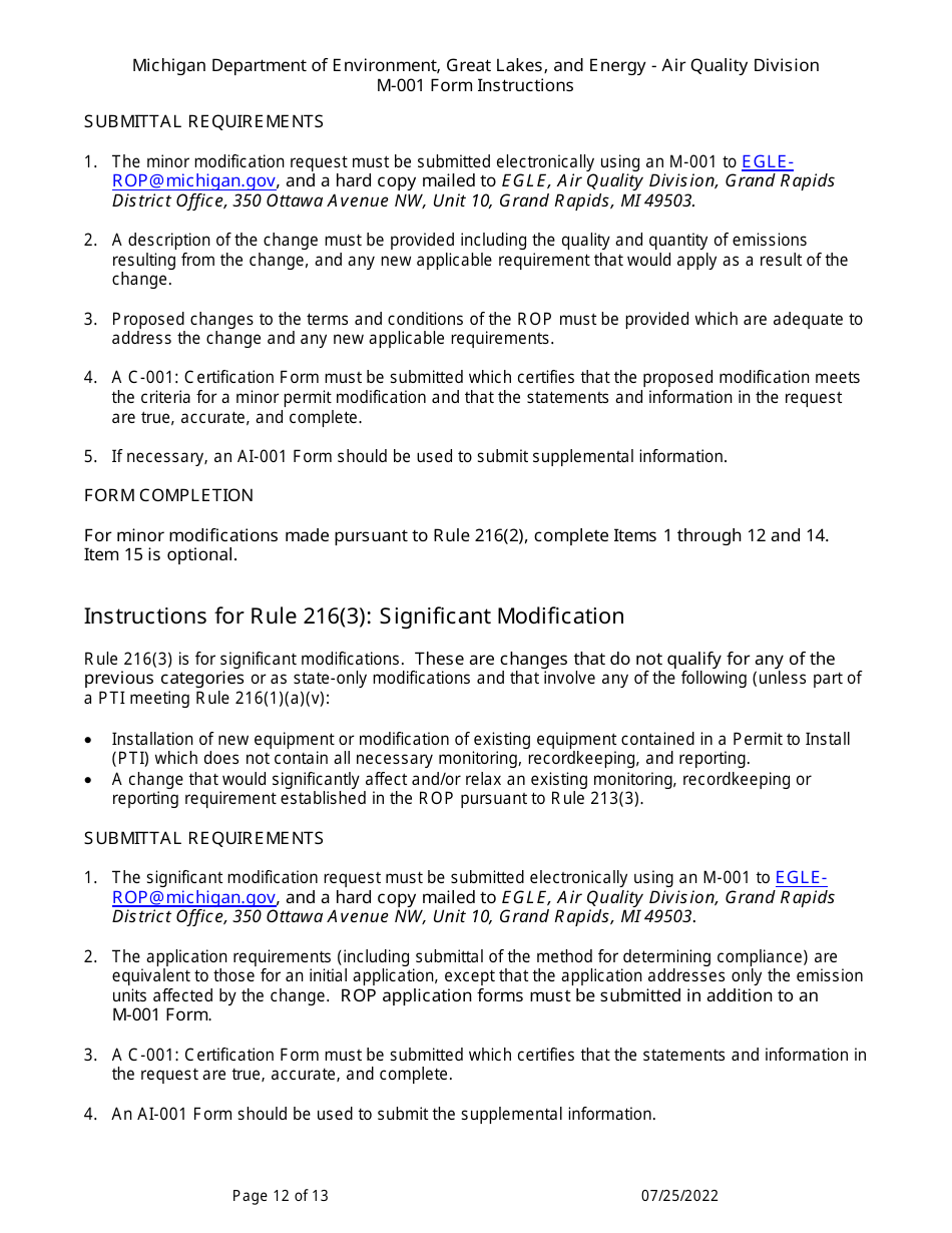 Instructions for Form M-001, EQP5775 Renewable Operating Permit - Rule 215 Change Notification Rule 216 / Amendment / Modification Application - Michigan, Page 12