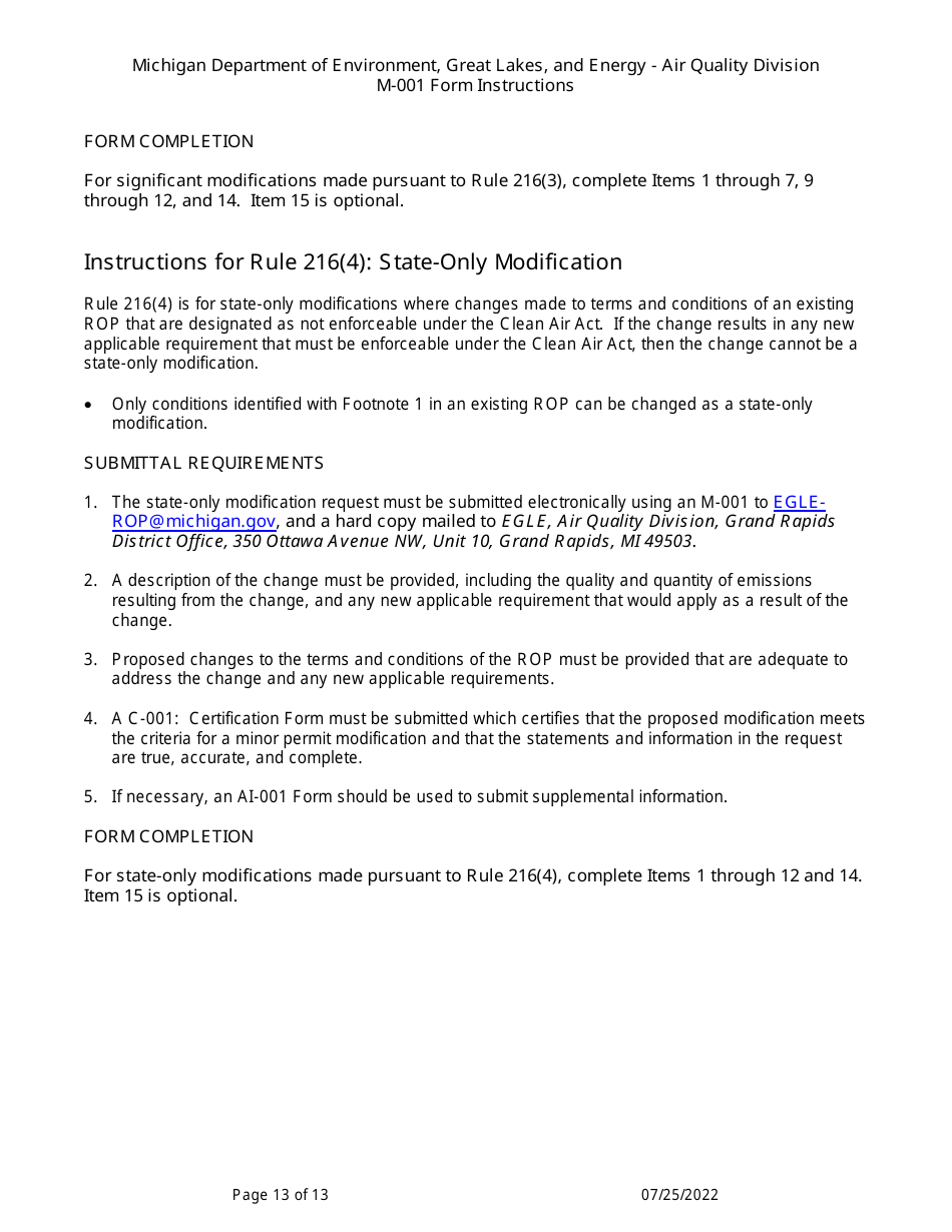 Instructions for Form M-001, EQP5775 Renewable Operating Permit - Rule 215 Change Notification Rule 216 / Amendment / Modification Application - Michigan, Page 13