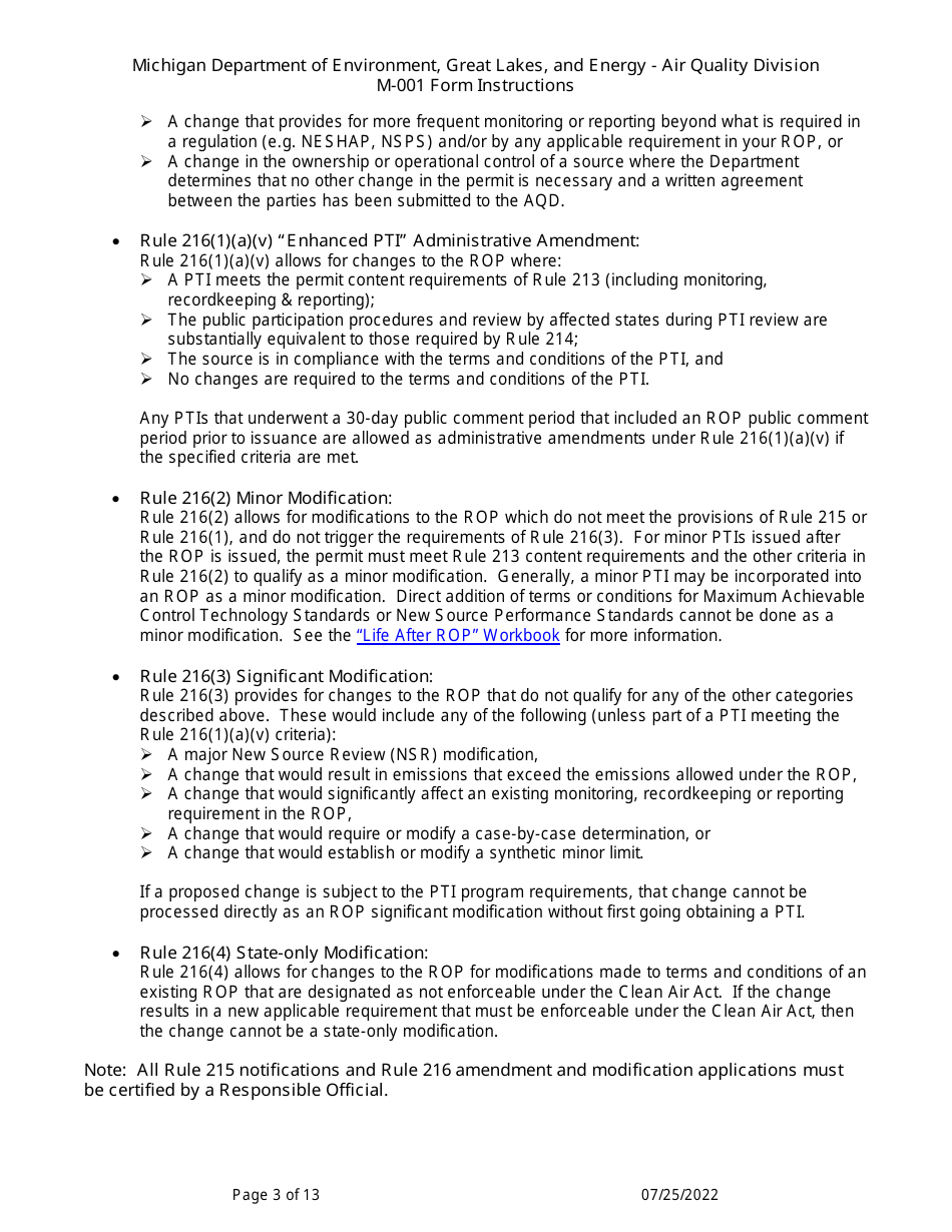 Instructions for Form M-001, EQP5775 Renewable Operating Permit - Rule 215 Change Notification Rule 216 / Amendment / Modification Application - Michigan, Page 3