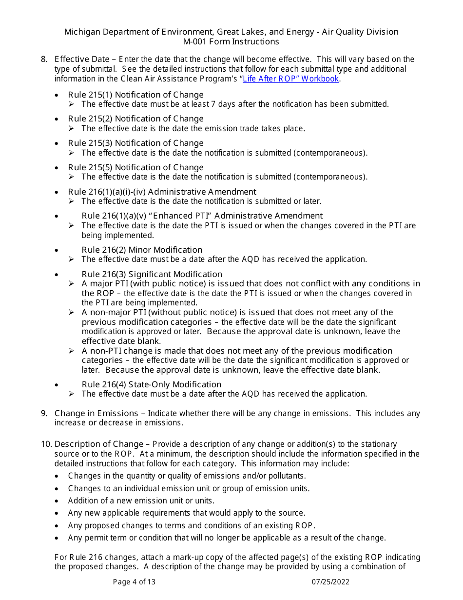 Instructions for Form M-001, EQP5775 Renewable Operating Permit - Rule 215 Change Notification Rule 216 / Amendment / Modification Application - Michigan, Page 4