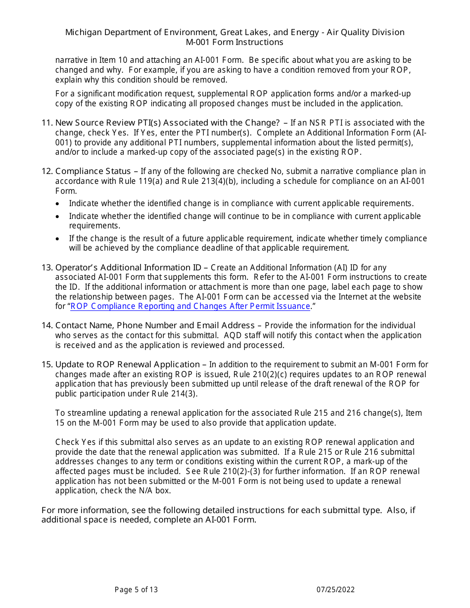 Instructions for Form M-001, EQP5775 Renewable Operating Permit - Rule 215 Change Notification Rule 216 / Amendment / Modification Application - Michigan, Page 5