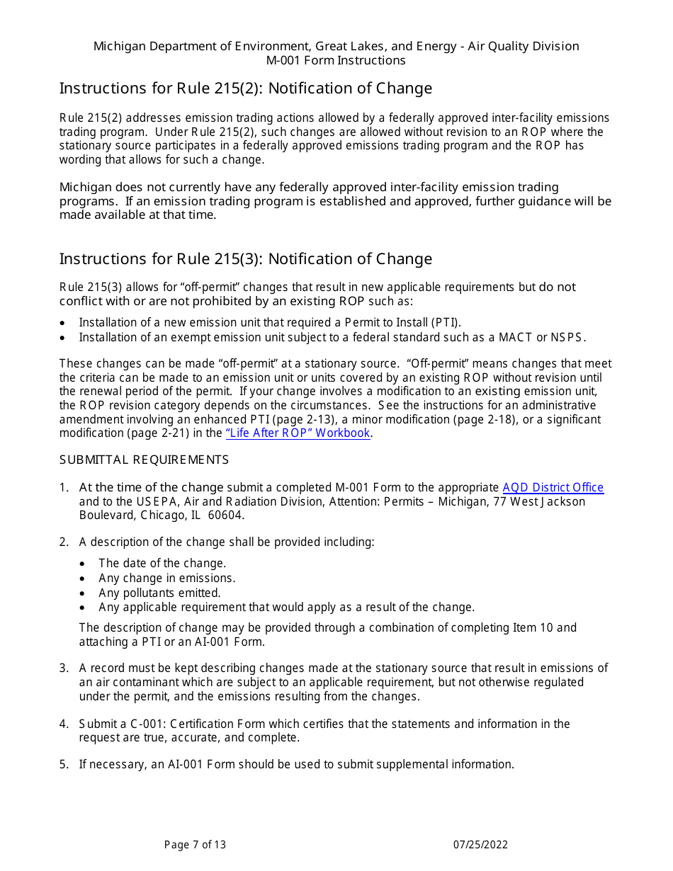 Instructions for Form M-001, EQP5775 Renewable Operating Permit - Rule 215 Change Notification Rule 216 / Amendment / Modification Application - Michigan, Page 7