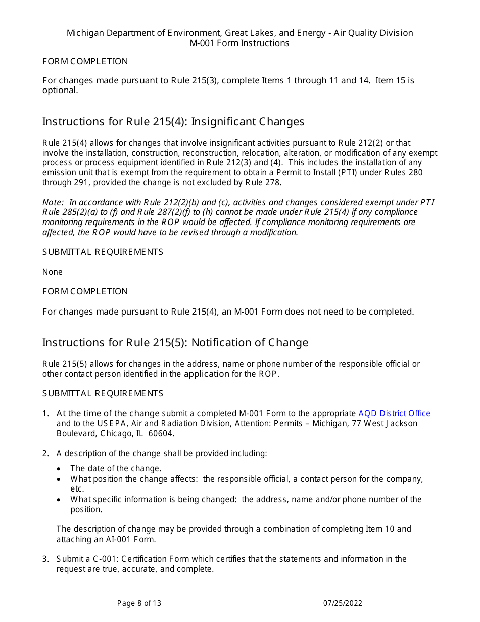 Instructions for Form M-001, EQP5775 Renewable Operating Permit - Rule 215 Change Notification Rule 216 / Amendment / Modification Application - Michigan, Page 8