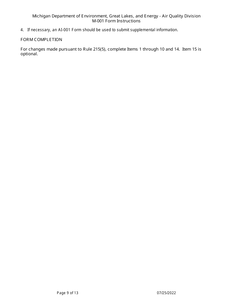 Instructions for Form M-001, EQP5775 Renewable Operating Permit - Rule 215 Change Notification Rule 216 / Amendment / Modification Application - Michigan, Page 9