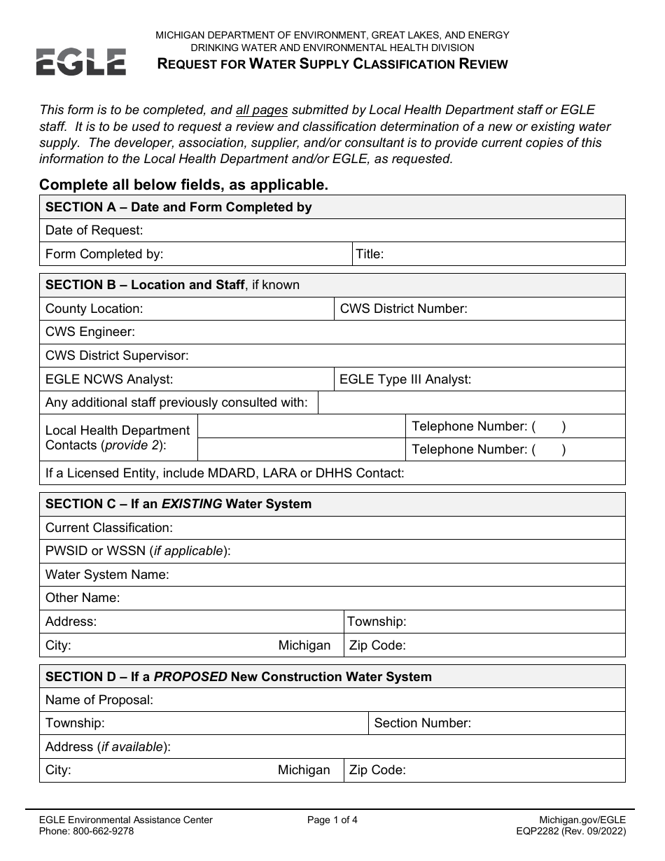 Form EQP2282 Request for Water Supply Classification Review - Michigan, Page 1