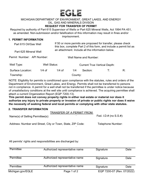 Form EQP7200-07 Request for Transfer of Permit - Michigan