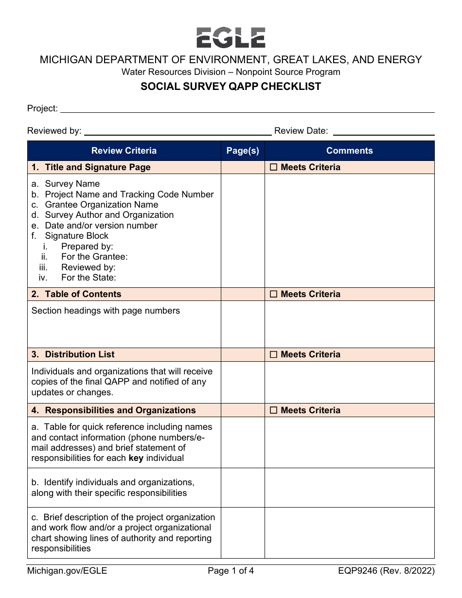 Form EQP9246 Social Survey Qapp Checklist - Nonpoint Source Program - Michigan, Page 1