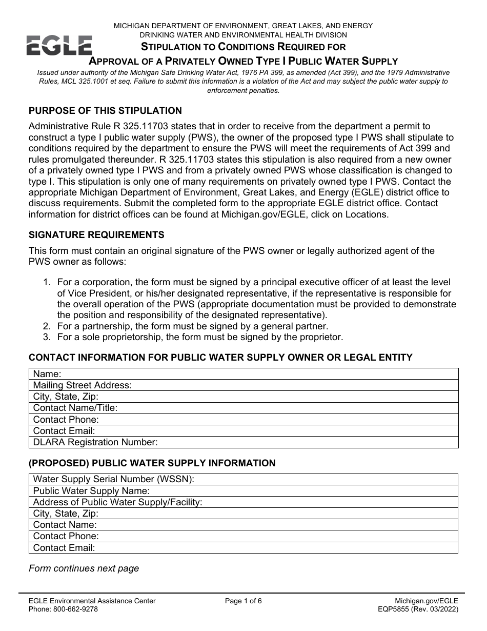 Form EQP5855 Stipulation to Conditions Required for Approval of a Privately Owned Type I Public Water Supply - Michigan, Page 1