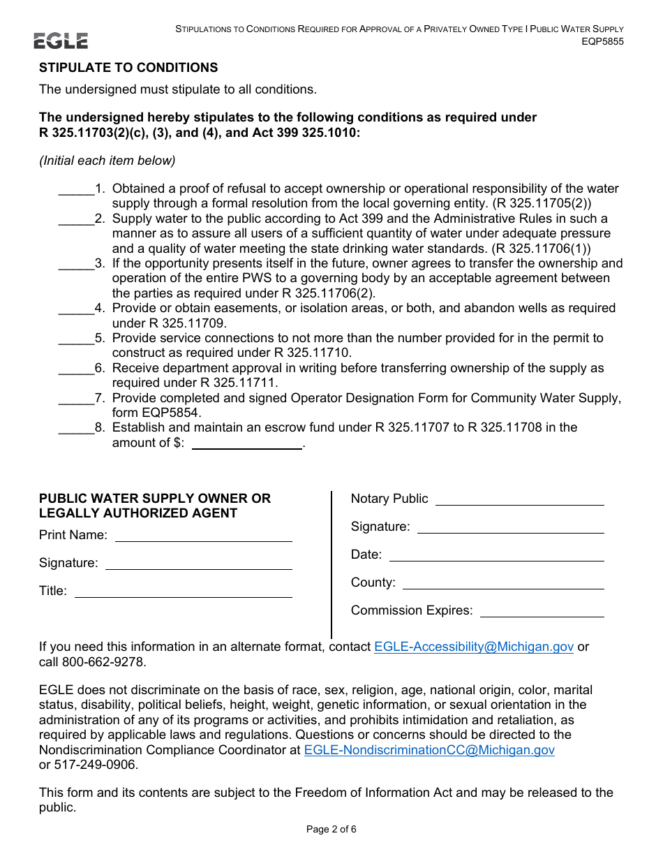 Form EQP5855 Stipulation to Conditions Required for Approval of a Privately Owned Type I Public Water Supply - Michigan, Page 2