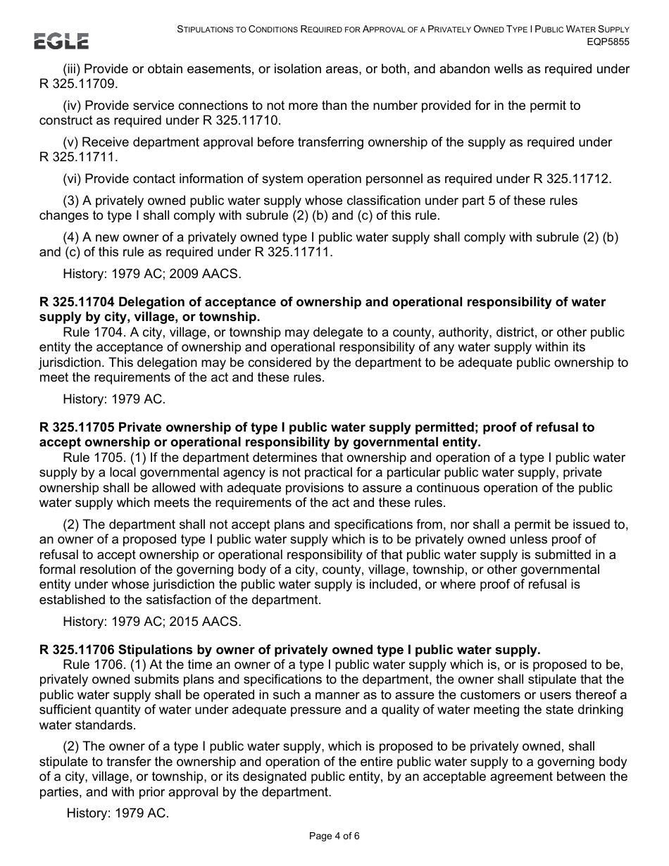 Form EQP5855 Stipulation to Conditions Required for Approval of a Privately Owned Type I Public Water Supply - Michigan, Page 4