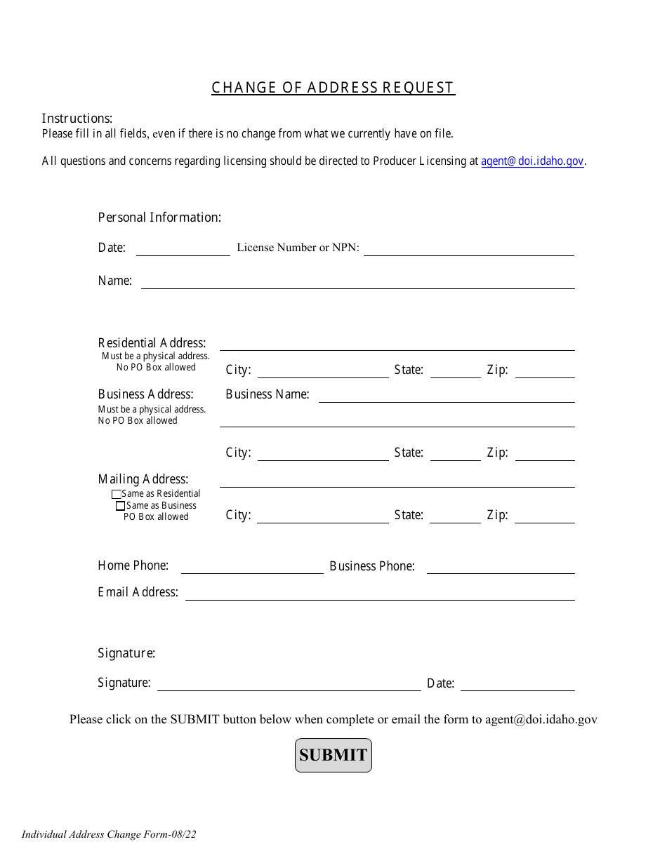 Idaho Individual Address Change Form Fill Out, Sign Online and
