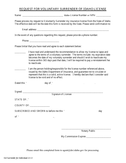 Request for Voluntary Surrender of Idaho License - Idaho Download Pdf