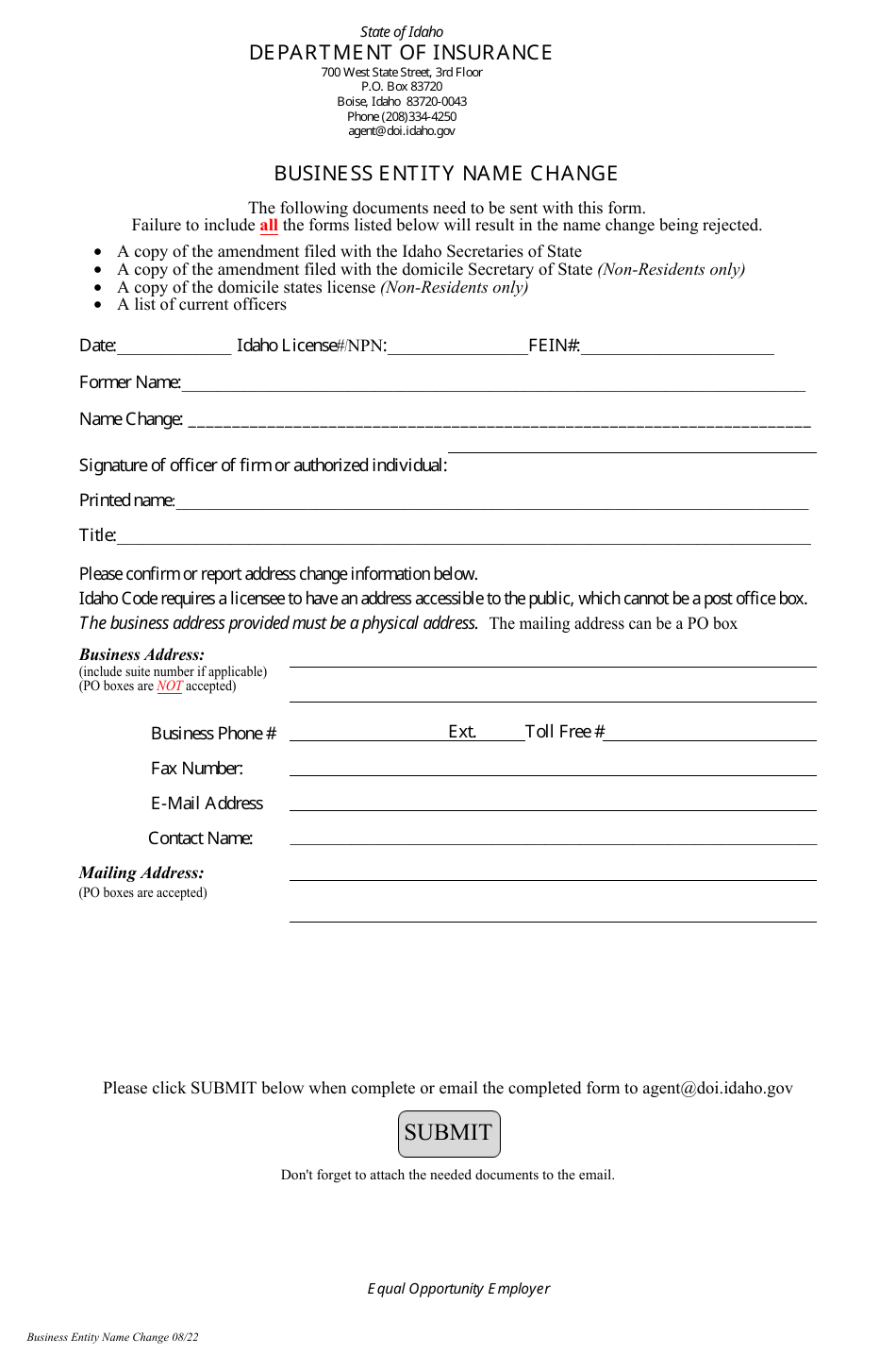 Idaho Business Entity Name Change - Fill Out, Sign Online and Download ...