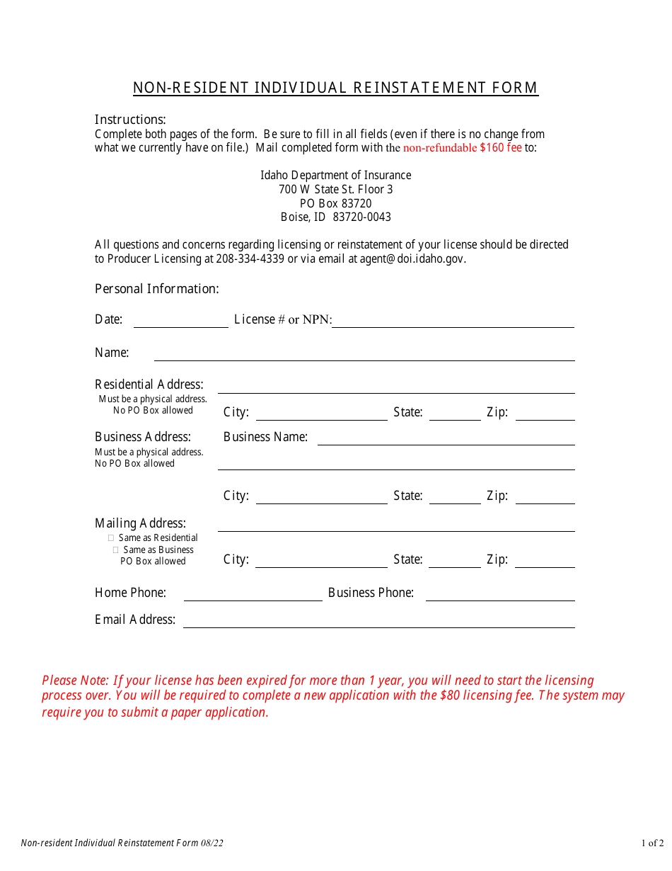 Idaho Nonresident Individual Reinstatement Form Download Fillable PDF