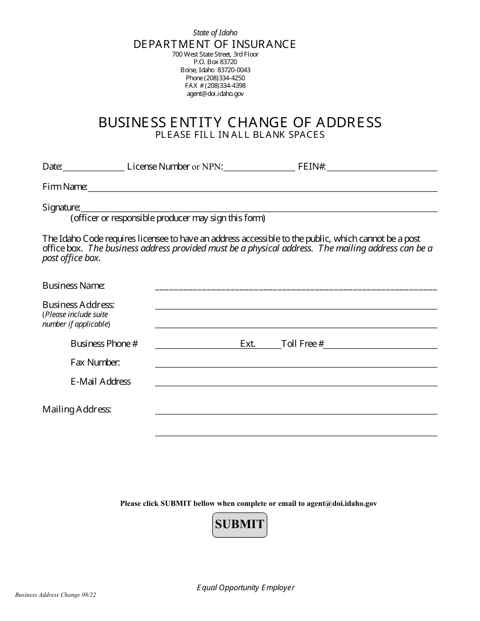 Business Entity Change of Address - Idaho, Page 1
