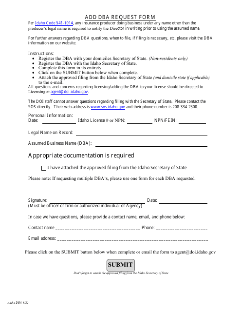 Add Dba Request Form - Idaho Download Pdf