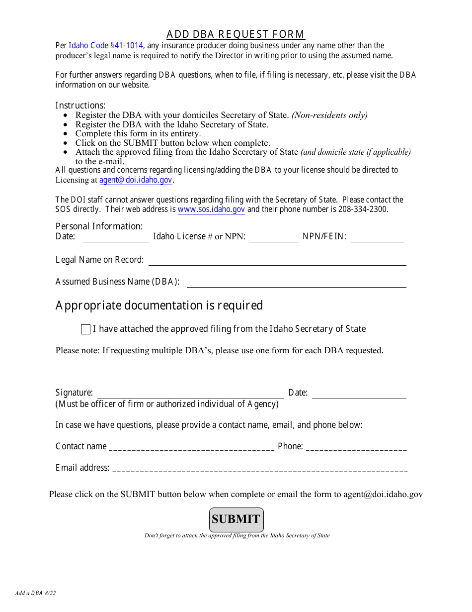 Add Dba Request Form - Idaho, Page 1