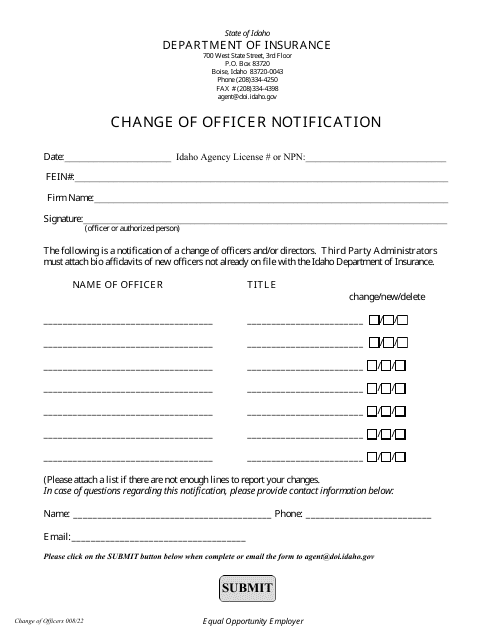 Change of Officer Notification - Idaho Download Pdf