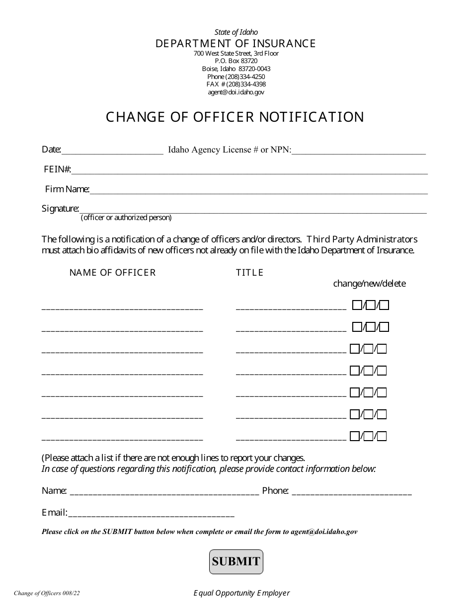 Change of Officer Notification - Idaho, Page 1