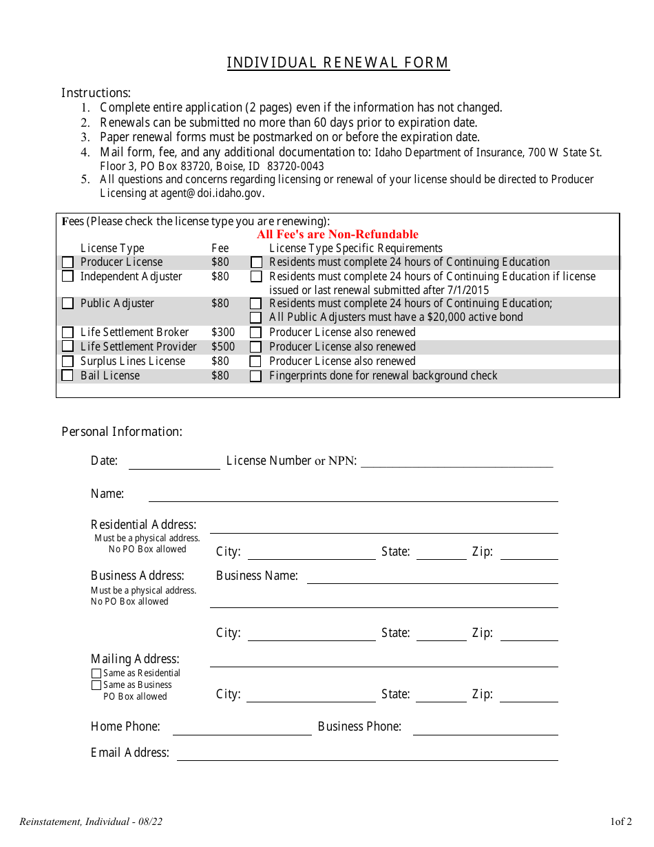 Idaho Individual Renewal Form Download Fillable PDF Templateroller