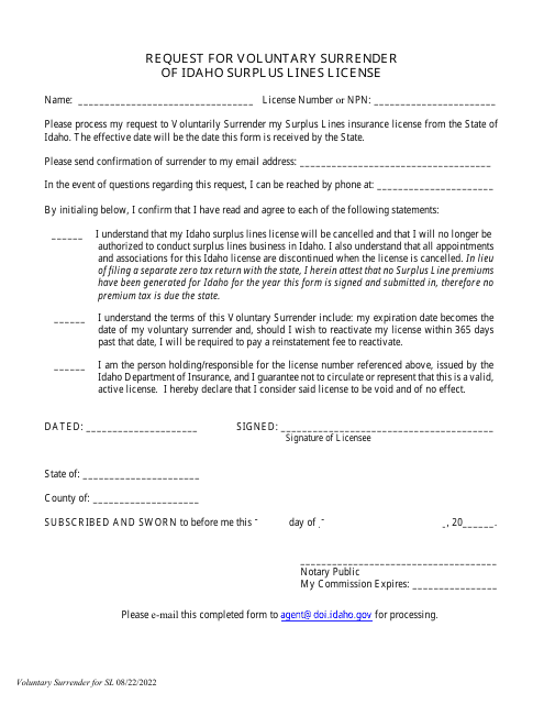 Request for Voluntary Surrender of Idaho Surplus Lines License - Idaho Download Pdf